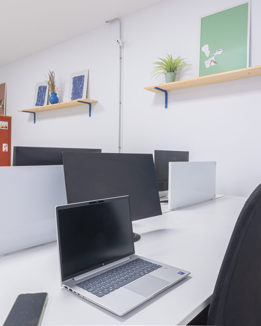 Desks and monitors in the FICO coworking space in La Isleta, Las Palmas de Gran Canaria